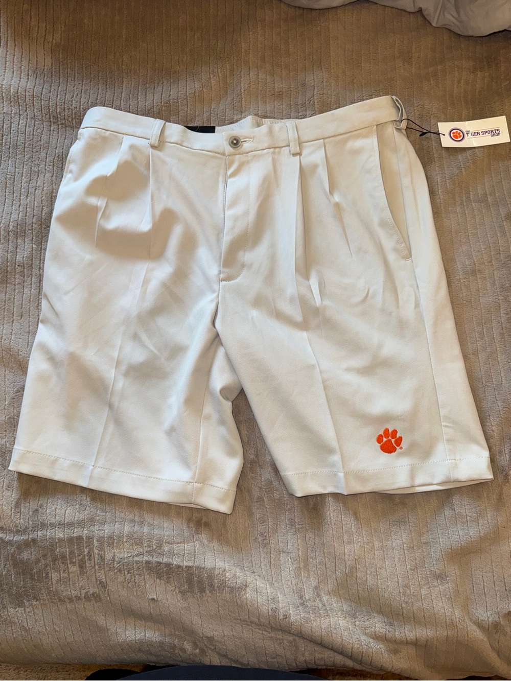 Men's Tan Performance Golf Shorts with Orange Clemson Paw Accent